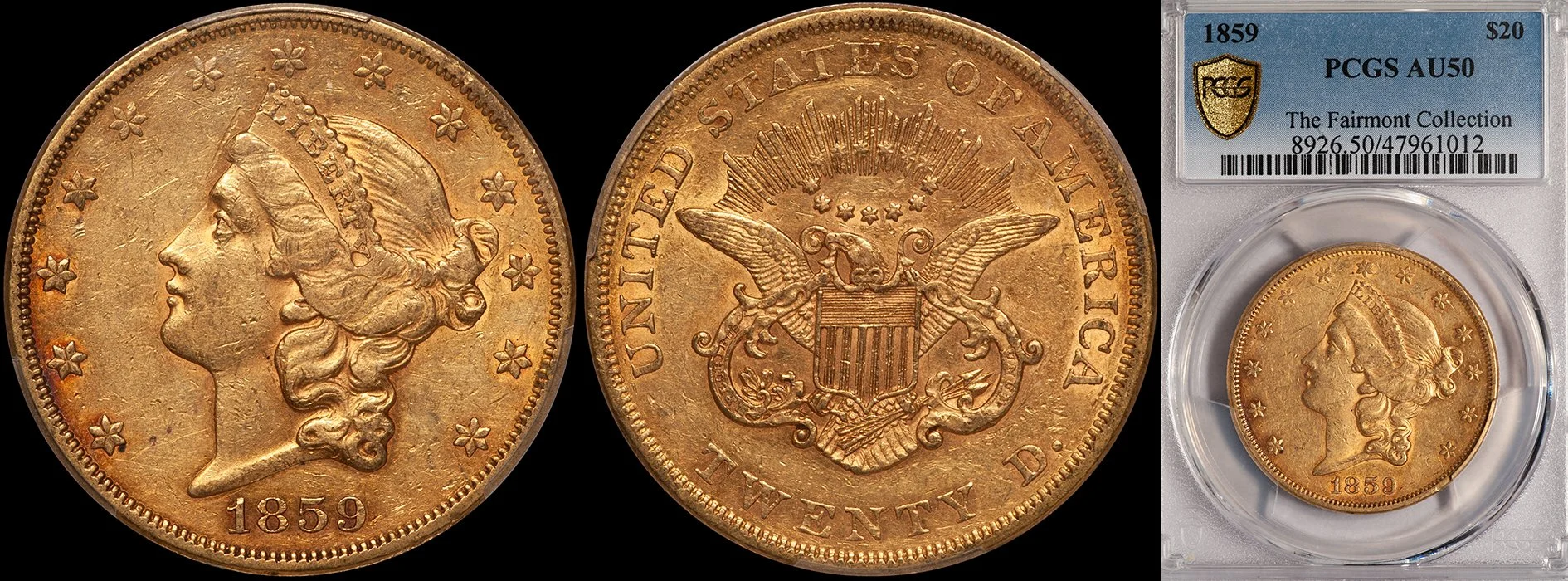 Double Eagle. 1859 $20 gold coin. PCGS AU50. (Copy)