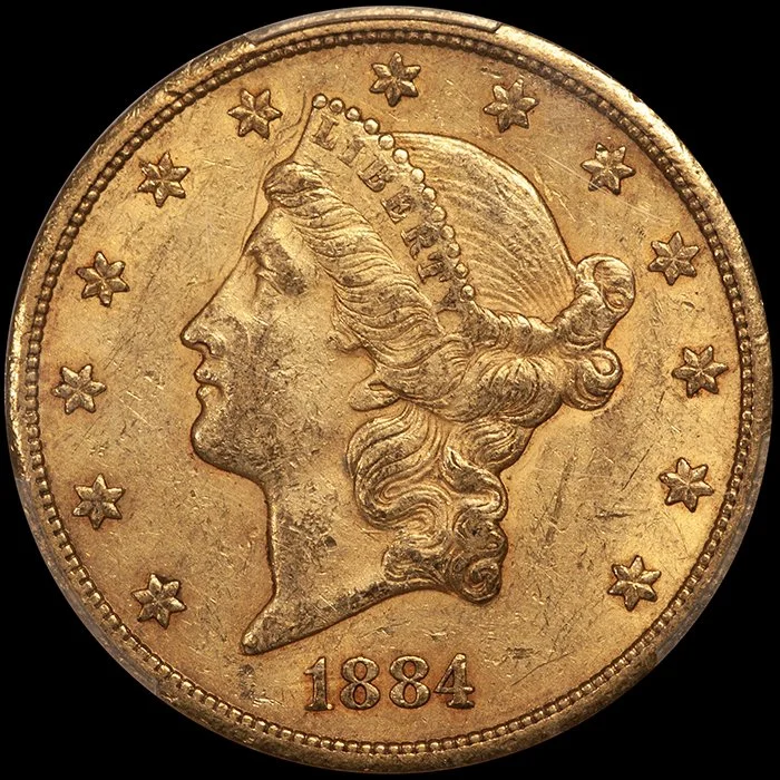 Double Eagle. 1884-CC Carson City $20 gold coin. PCGS AU58 CAC.