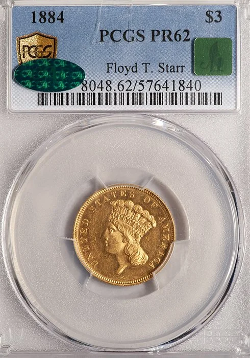 Three Dollars. Proof 1884 $3 gold coin. PCGS PR62 CAC. (Copy)