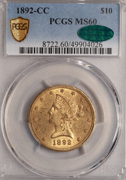 Half Eagle. 1892-CC Carson City $5 gold coin. PCGS MS60 CAC.