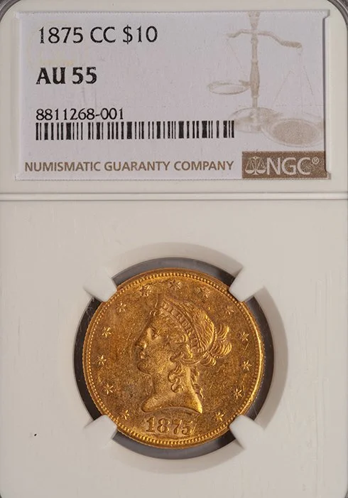 Eagle. 1875-CC Carson City $10.00 gold coin. NGC AU55.