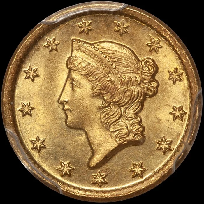 Gold Dollar. 1849-O $1 gold coin. Open Wreath. PCGS MS65+.