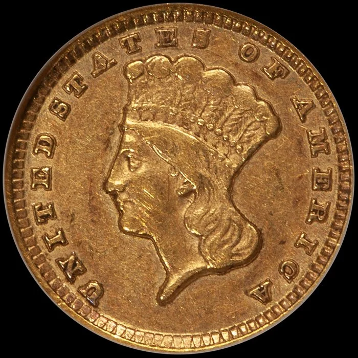 Gold Dollars. 1857-D Dahlonega $1.00 gold coin. NGC VF35. CAC Gold Sticker.