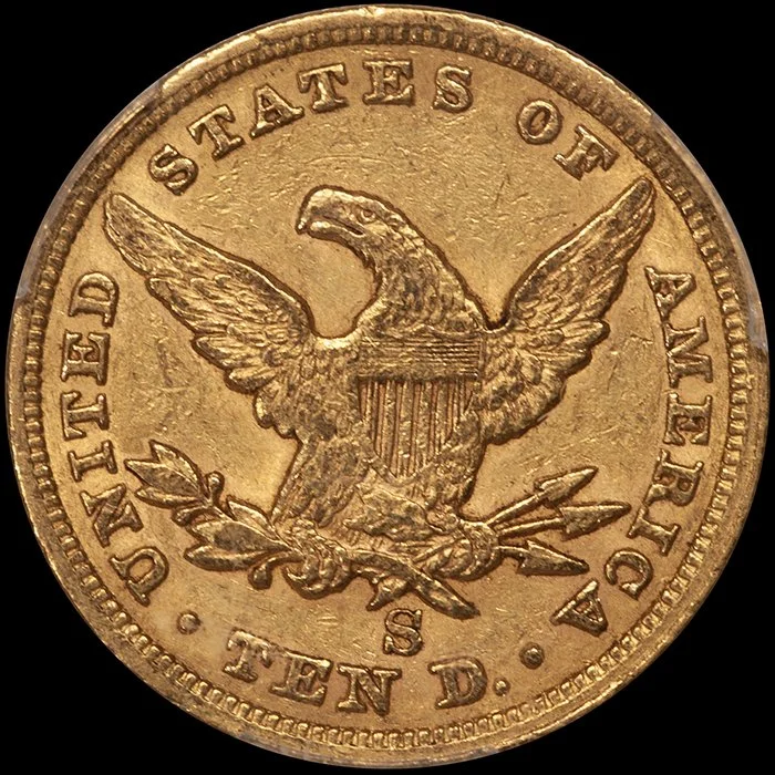 Eagle. 1865-S Inverted Date San Francisco $10 gold coin. PCGS AU55 CAC.