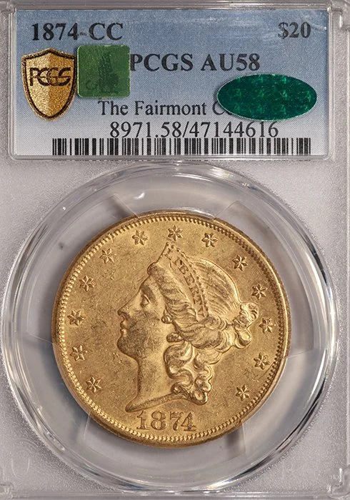 Double Eagle. 1874-CC Carson City $20 gold coin. PCGS AU58 CAC. Fairmont.