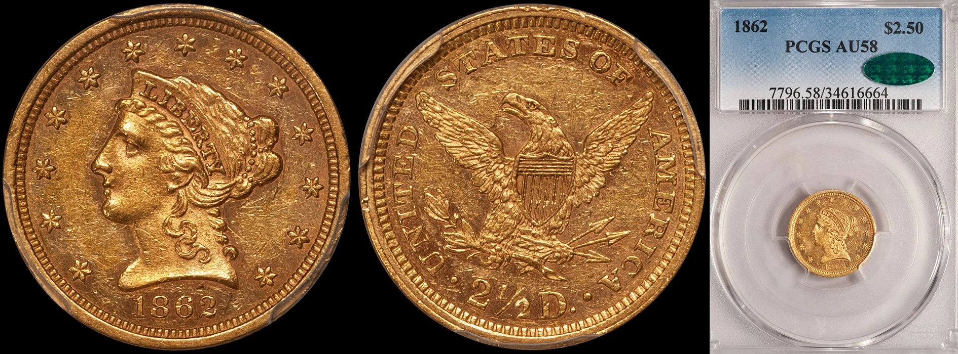 JUST ADDED - $2.50 - 1862 PCGS AU58 CAC