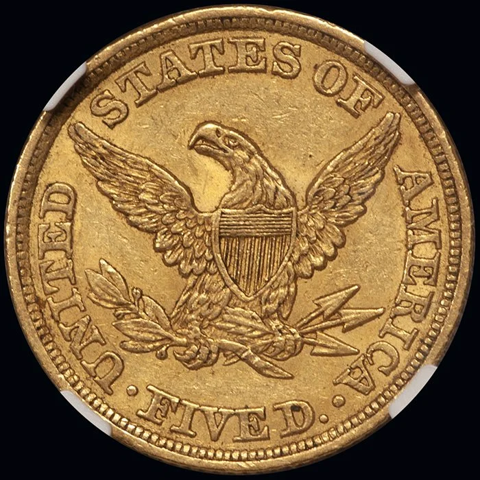 Half Eagle. 1845 $5 gold coin. NGC AU58 CAC.