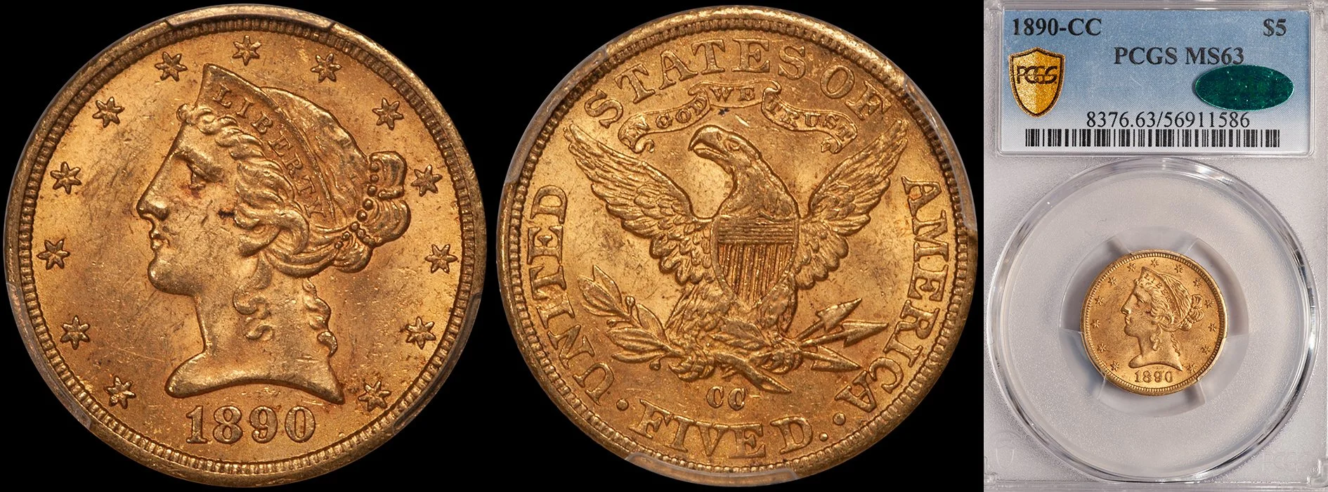 JUST ADDED - $5.00 - 1890-CC PCGS MS63 CAC