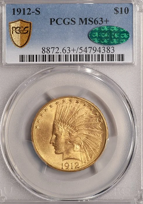 Eagle. 1912-S San Francisco Indian $10 gold coin. PCGS MS63+ CAC.