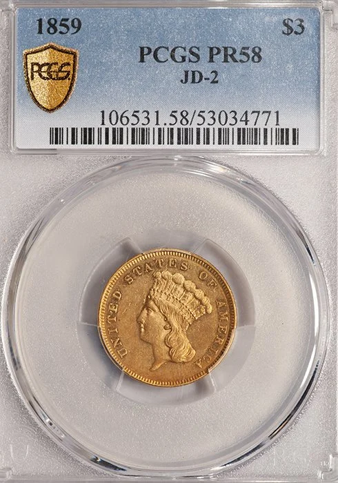 Three Dollars. 1859 Proof $3.00 gold coin. PCGS PR58. JD-2.