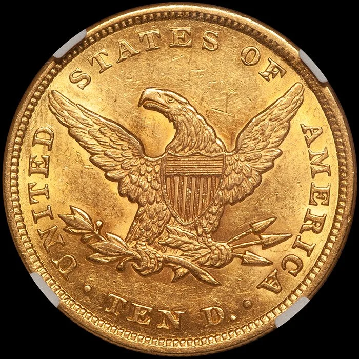 Eagle. 1855 $10 gold coin. NGC AU58 CAC.