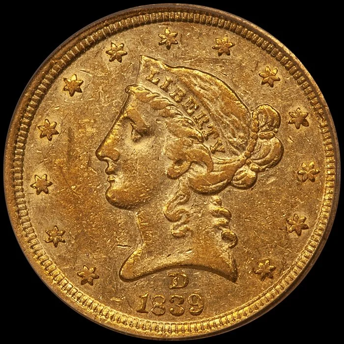 Half Eagle. 1839-D Dahlonega $5.00 gold coin. PCGS EF40. OGH.