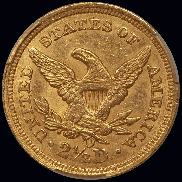 Quarter Eagle. 1857-O New Orleans $2.50 gold coin. CACG MS61.