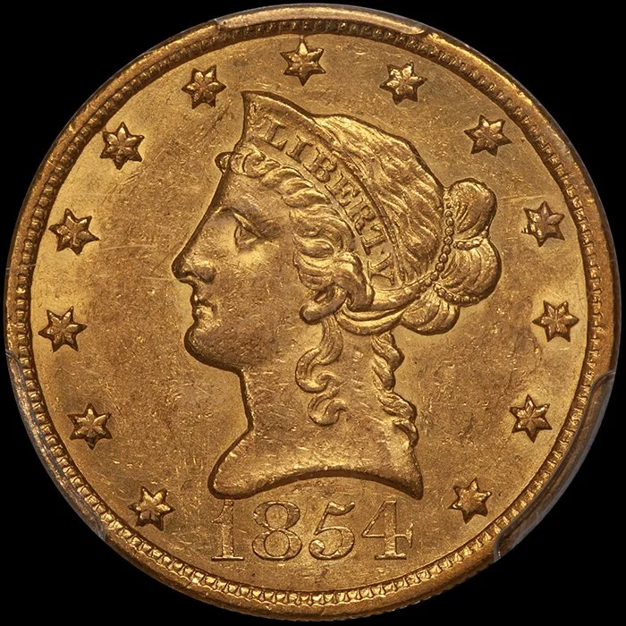 Eagle. 1854-O New Orleans Large Date $10 gold coin. PCGS AU58 CAC.