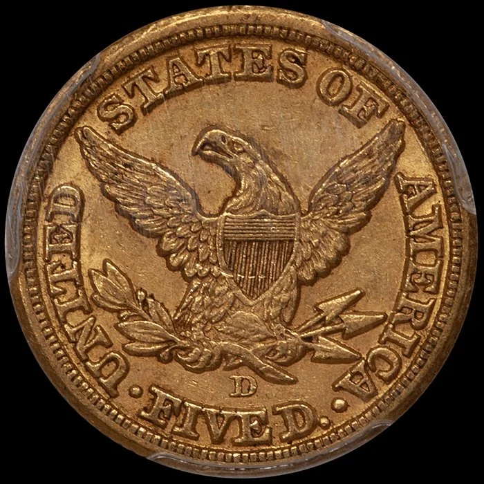 Half Eagle. 1854-D Medium D, Dahlonega $5.00 gold coin. PCGS AU58 CAC. Fairmont.