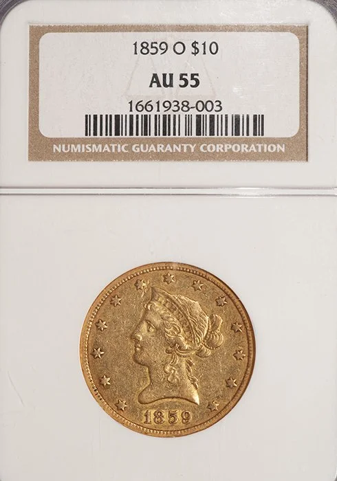 Eagle. 1859-O New Orleans $10 gold coin. NGC AU55.