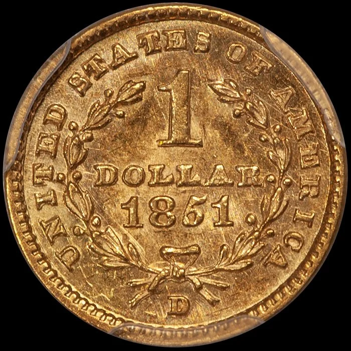 Gold Dollar. 1851-D Dahlonega $1.00 gold coin. PCGS MS62.