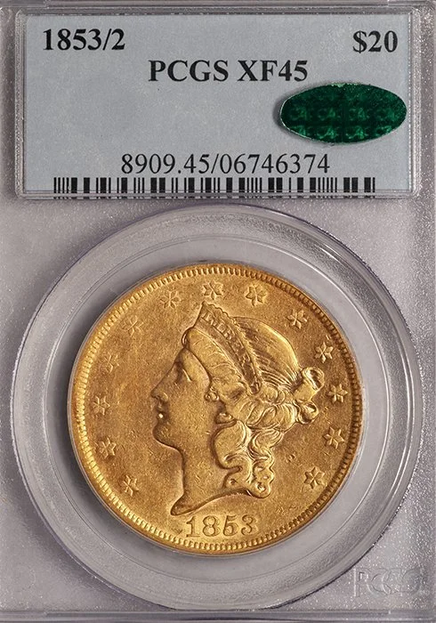 Double Eagle. 1853/2 $20 gold coin. PCGS EF45 CAC.