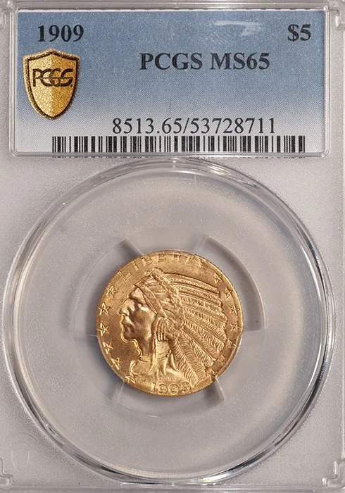 Half Eagle. 1909 $5 gold coin. PCGS MS65.