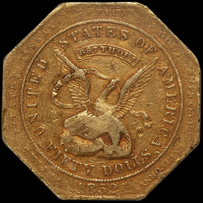 US Assay $50.00. 1852 "887" gold coin. PCGS EF40 CAC.