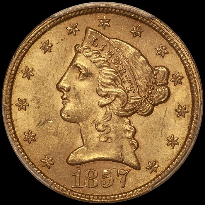 Half Eagle. 1857 $5 gold coin. PCGS MS63 CAC. Fairmont.