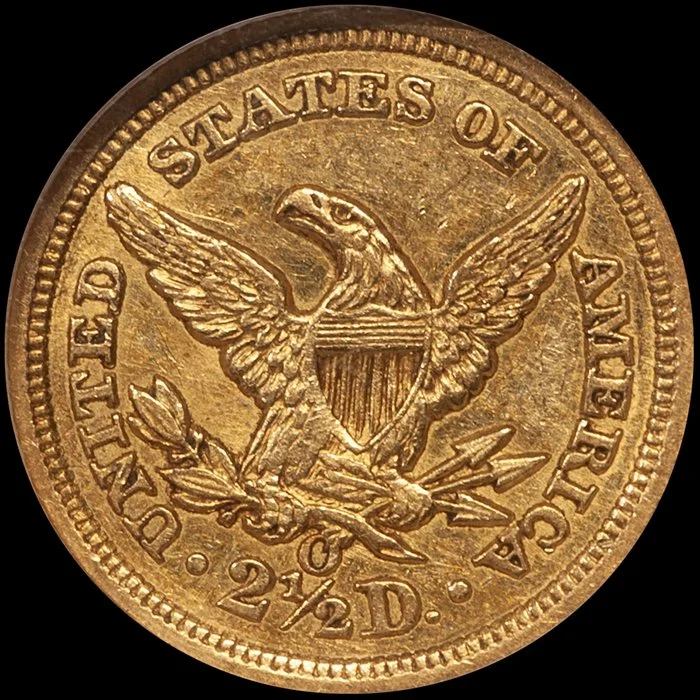 Quarter Eagle. 18-O New Orleans $2.50 gold coin. NGC AU58 CAC.