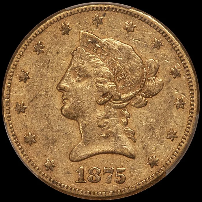 Eagle. 1875-CC Carson City $10 gold coin. PCGS VF35 CAC.