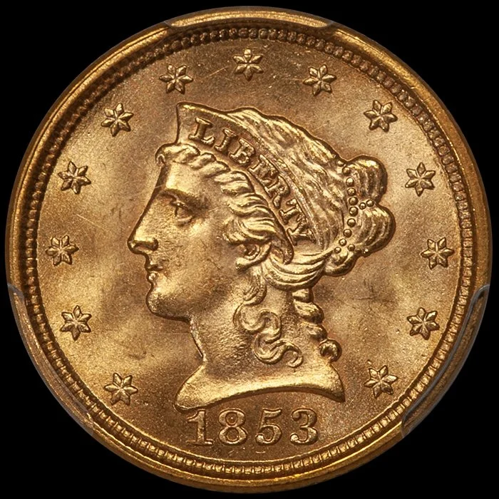 Quarter Eagle. 1853 $2.50 gold coin. PCGS MS65+ CAC.