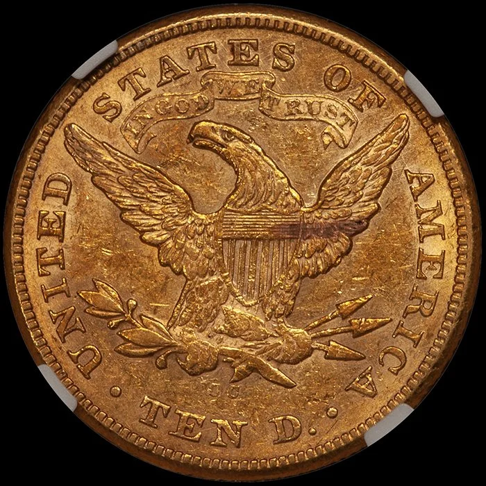 Eagle. 1875-CC Carson City $10.00 gold coin. NGC AU55.