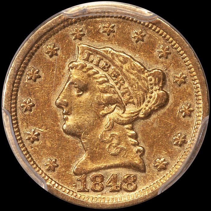 Quarter Eagle. 1848-D Dahlonega $2.50 gold coin. PCGS AU50 CAC.