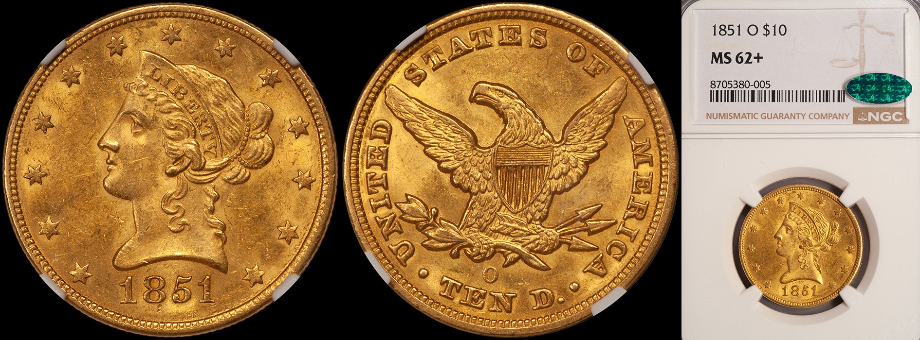 JUST ADDED - $10.00 - 1851-O NGC MS62+ CAC