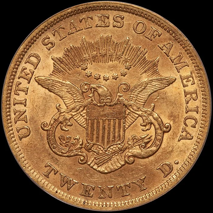 Double Eagle. 1853 RPD $20 gold coin. PCGS AU55 CAC.