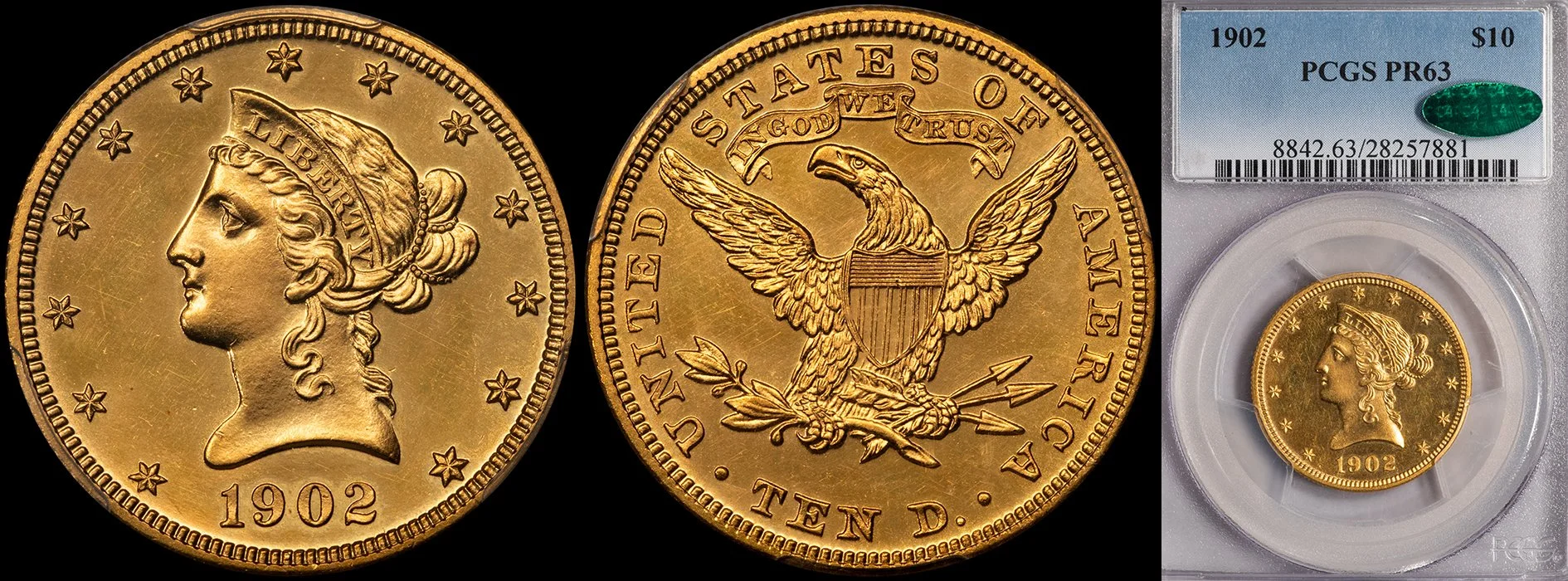Eagle. 1902 Proof $10 gold coin. PCGS PR63 CAC.
