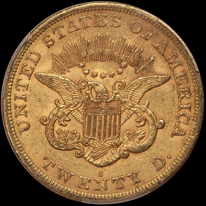 Double Eagle. 1864-S San Francisco $20 gold coin. PCGS AU58.