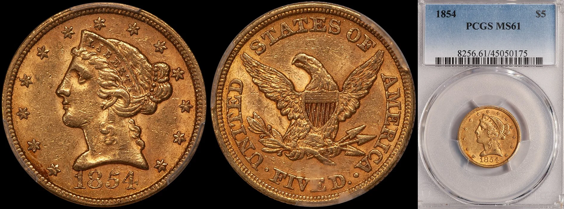 Half Eagle. 1854 $5 gold coin. PCGS MS61.
