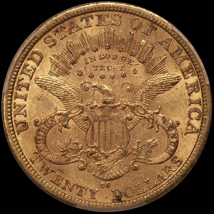 Double Eagle. 1877-CC Carson City $20.00 gold coin. PCGS AU58 CAC.