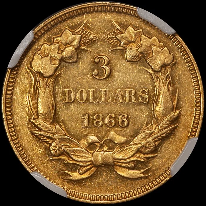 Three Dollars. 1866 $3 gold coin. NGC PR58 CAC.