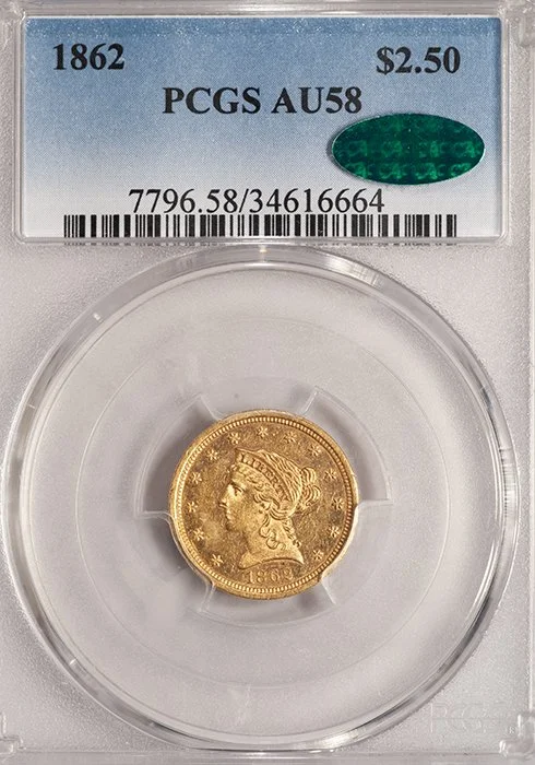 Quarter Eagle. 1862 $2.50 gold coin. PCGS AU58 CAC.