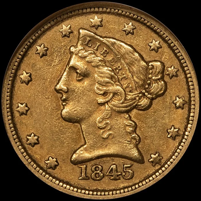 Half Eagle. 1845-D Dahlonega $5 gold coin. NGC AU55 CAC.