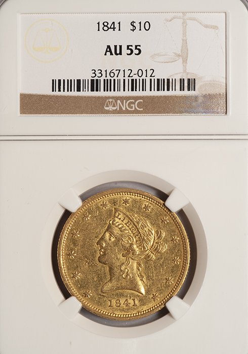 Eagle. 1841 $10 gold coin. NGC AU55.