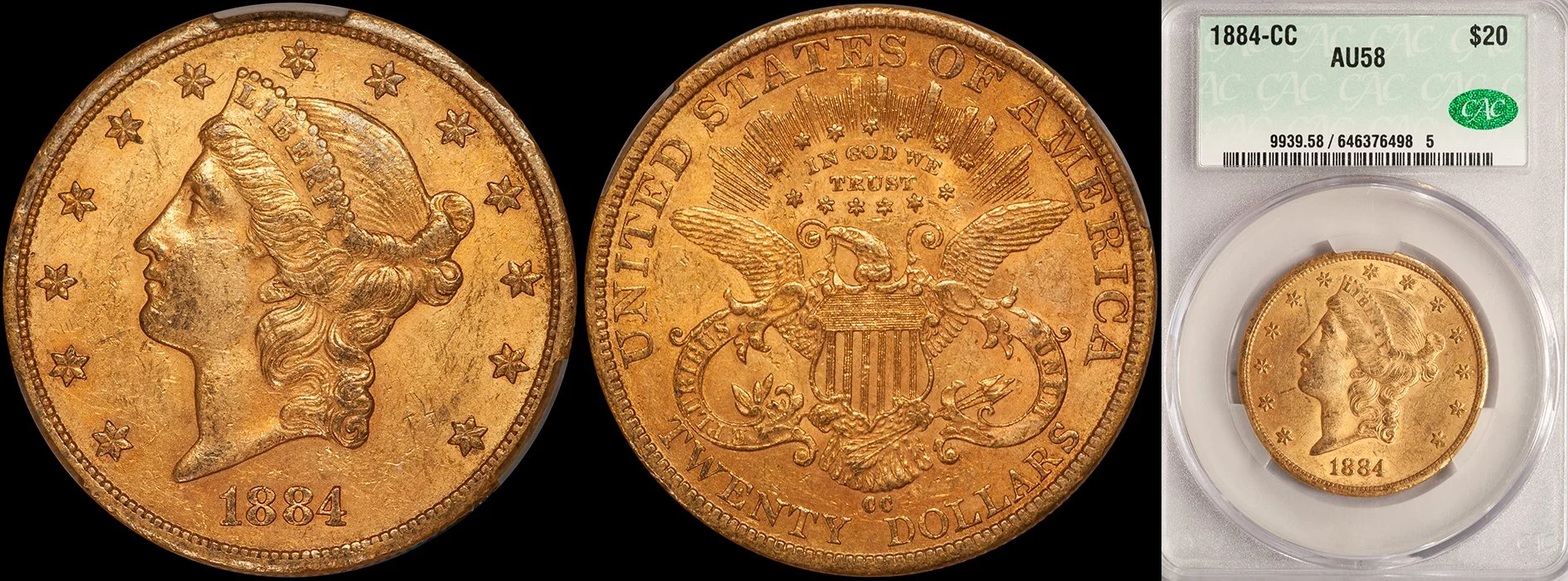Double Eagle. 1884-CC Carson City $20 gold coin. CACG AU58.
