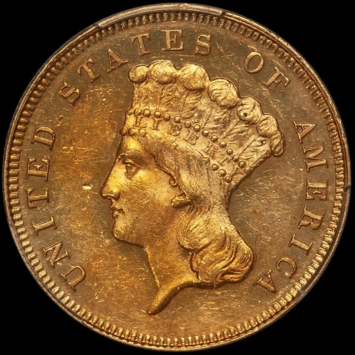 Three Dollars. 1863 Proof $3.00 gold coin.PCGS PR58 CAC.