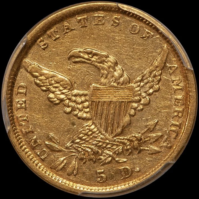 Half Eagle. 1838-D Dahlonega $5 gold coin. PCGS AU50. (Copy)