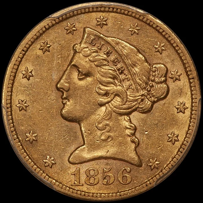 Half Eagle. 1856-S San Francisco $5 gold coin. PCGS AU53 CAC.