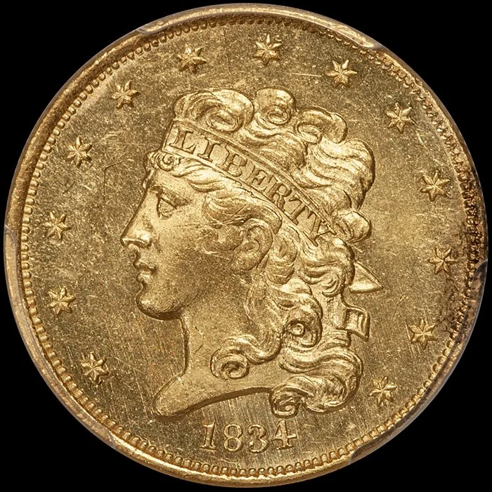 Half Eagle. 1834 Classic $5.00 gold coin. PCGS MS64 CAC.