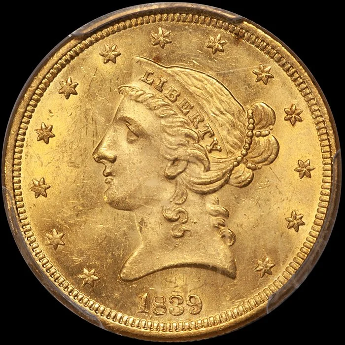 Half Eagle. 1839 $5 gold coin. PCGS MS64.