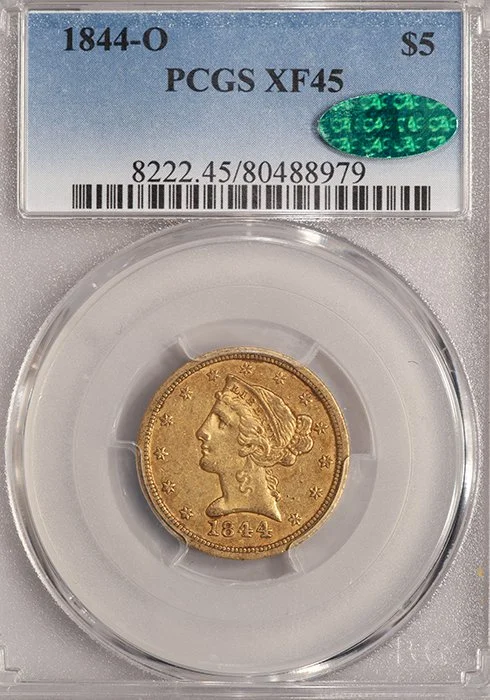 Half Eagle. 1844-O New Orleans $5 gold coin. PCGS EF45 CAC.