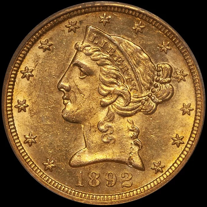 Half Eagle. 1892-O New Orleans $5.00 gold coin. PCGS MS62.