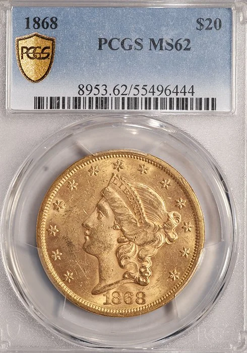 Double Eagle. 1868 $20 gold coin. PCGS MS62.