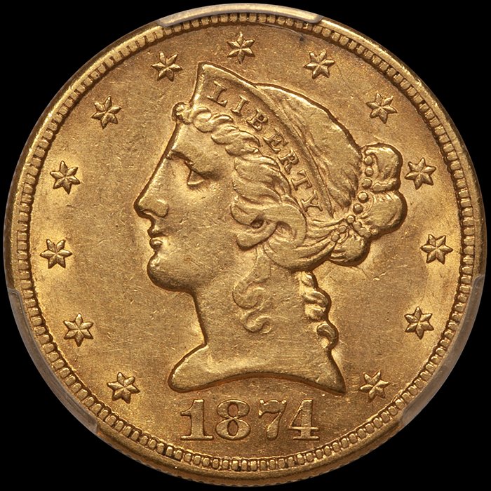 Half Eagle. 1874-CC Carson City $5 gold coin. PCGS AU50+ CAC